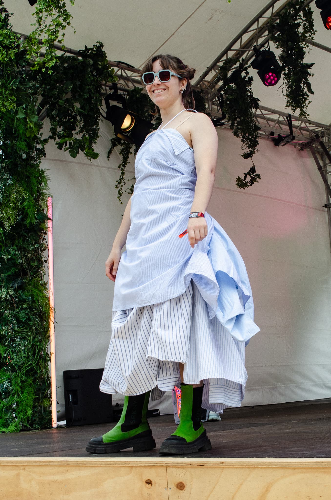 Model wearing a customized upcycled outfit